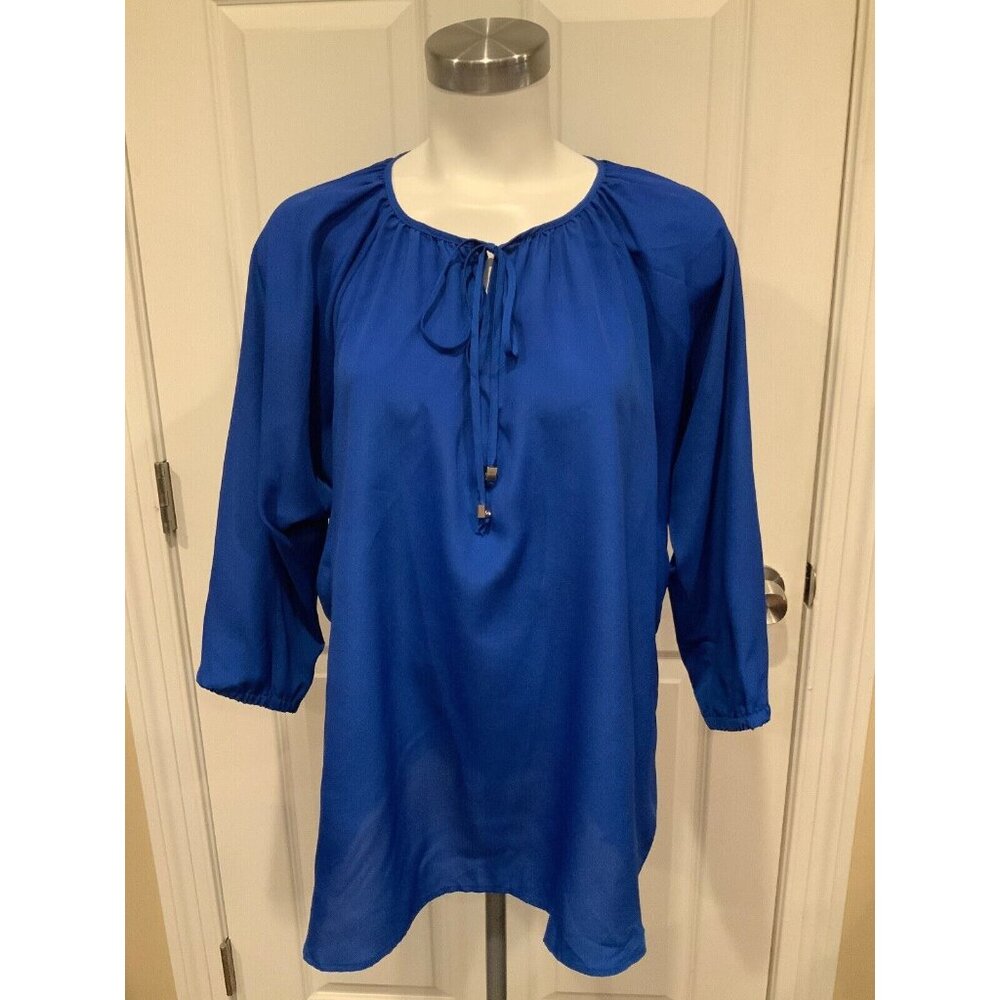Michael Kors Royal Blue 3/4 Sleeve Blouse Shirt W/ V-Neck and Tie, Size Large